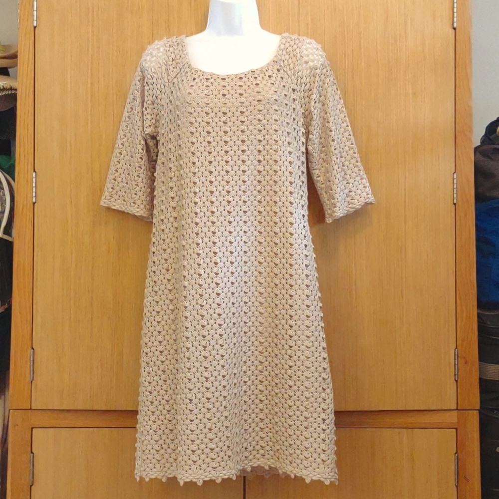 3/4 Sleeve Tan Eyelet Lined Dress SZ 10 By Chris McLaughlin